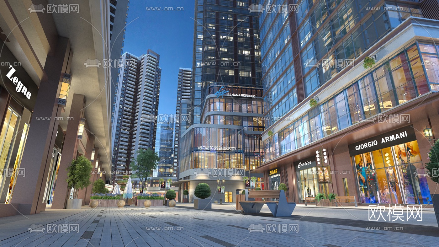 现代商业街夜景3d模型