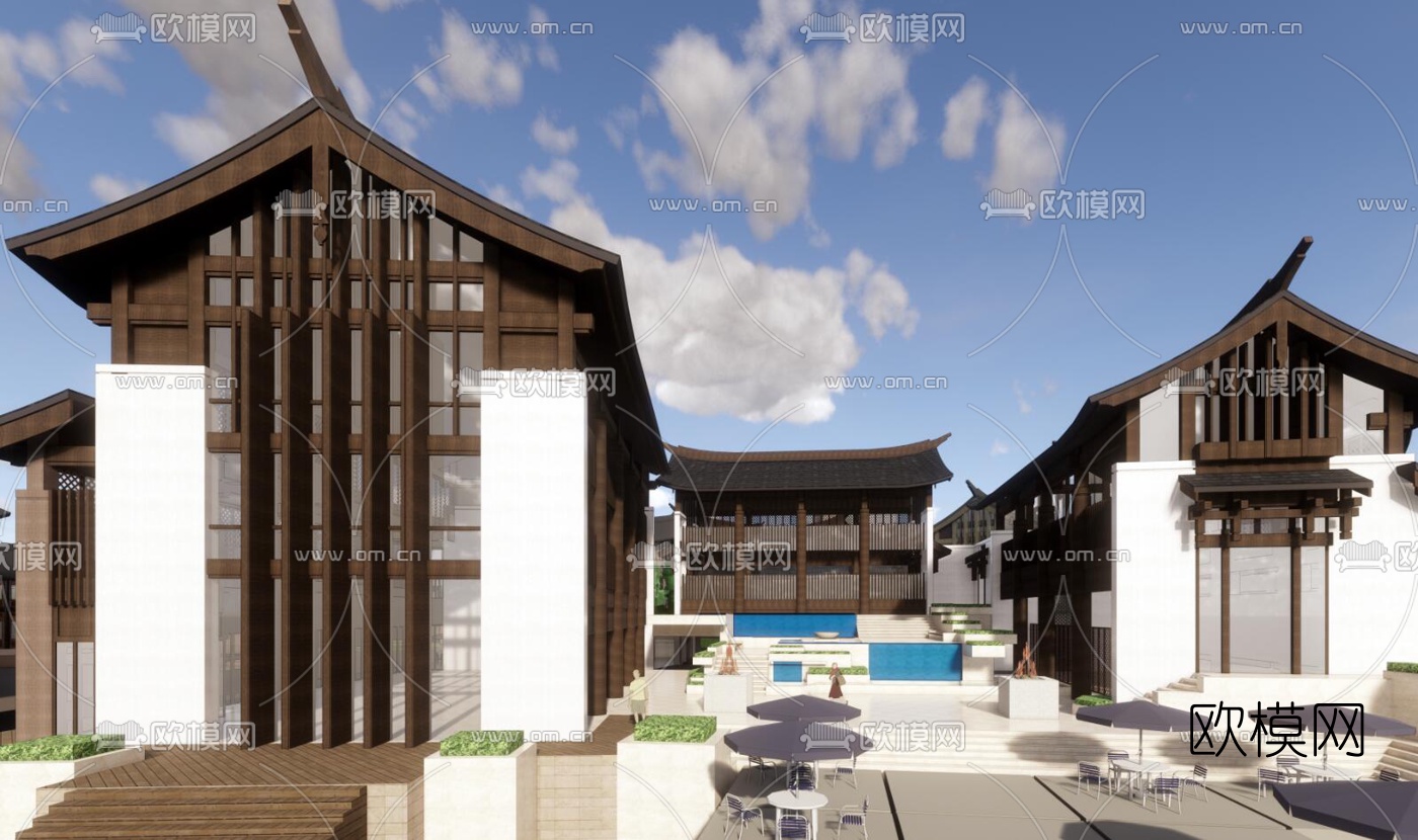 新中式旅游度假小镇外观su模型下载（渲染图4）
