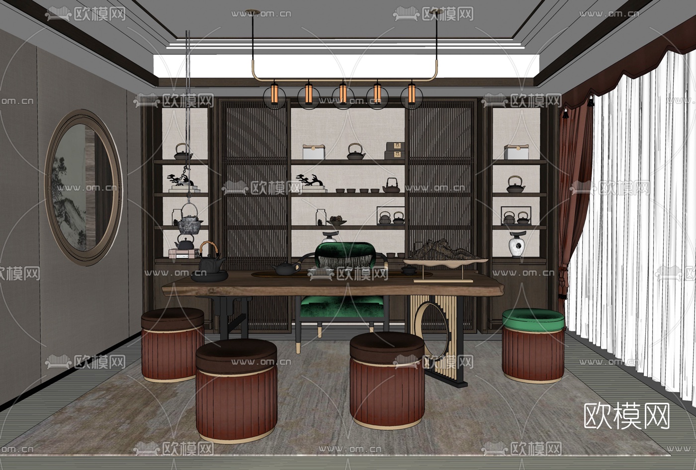 新中式茶室su模型下载