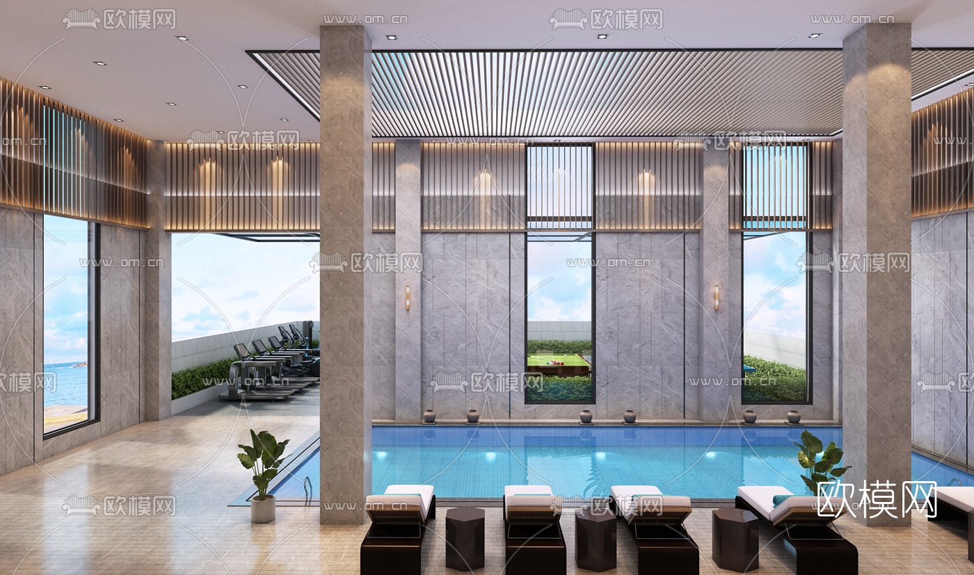 现代泳池麻将室休闲会馆3d模型下载（渲染图4）