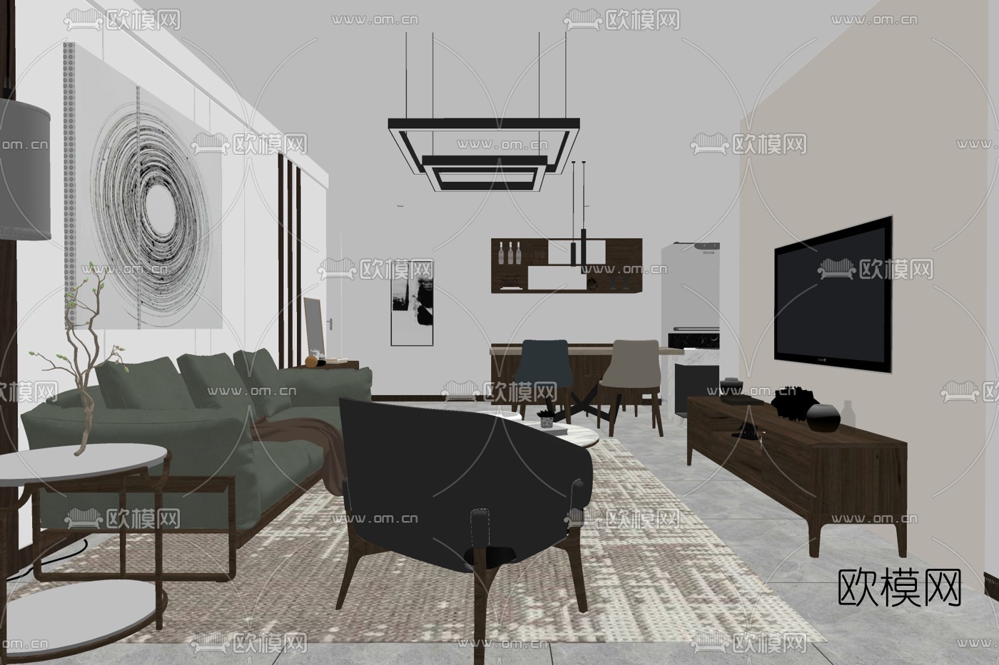 新中式简约客厅su模型下载