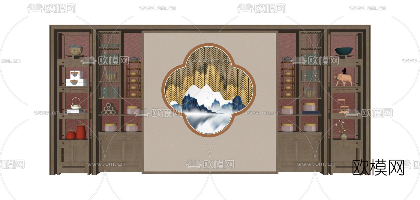 新中式实木装饰柜su模型下载