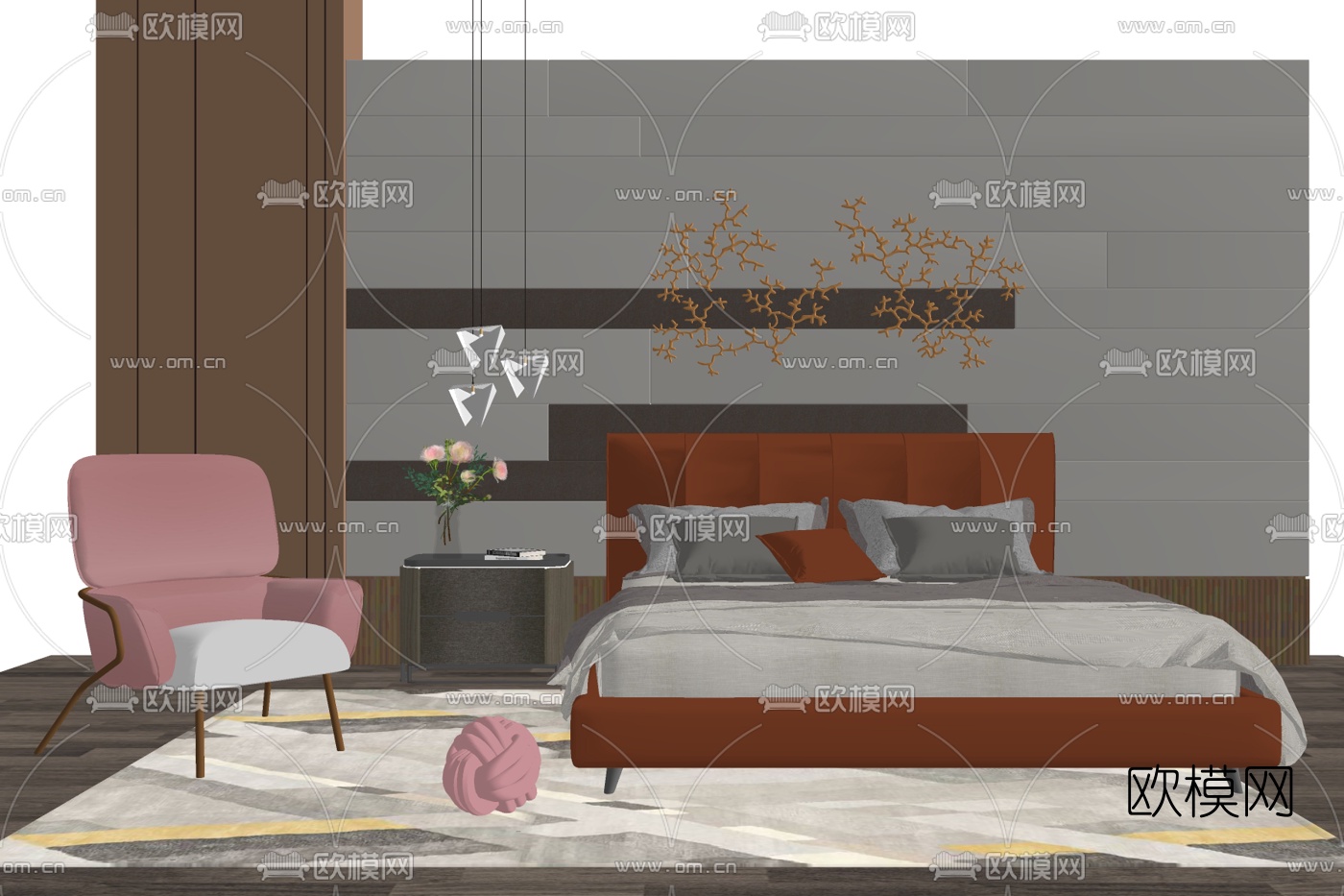 现代布艺双人床su模型下载