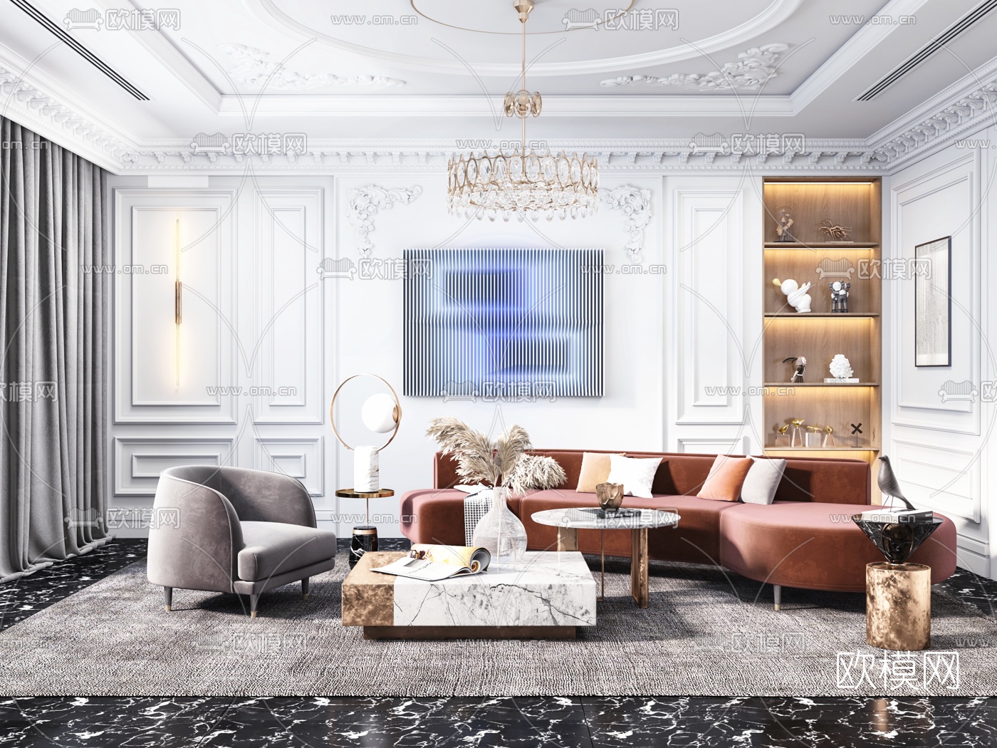 简欧绒布弧形沙发组合3d模型下载