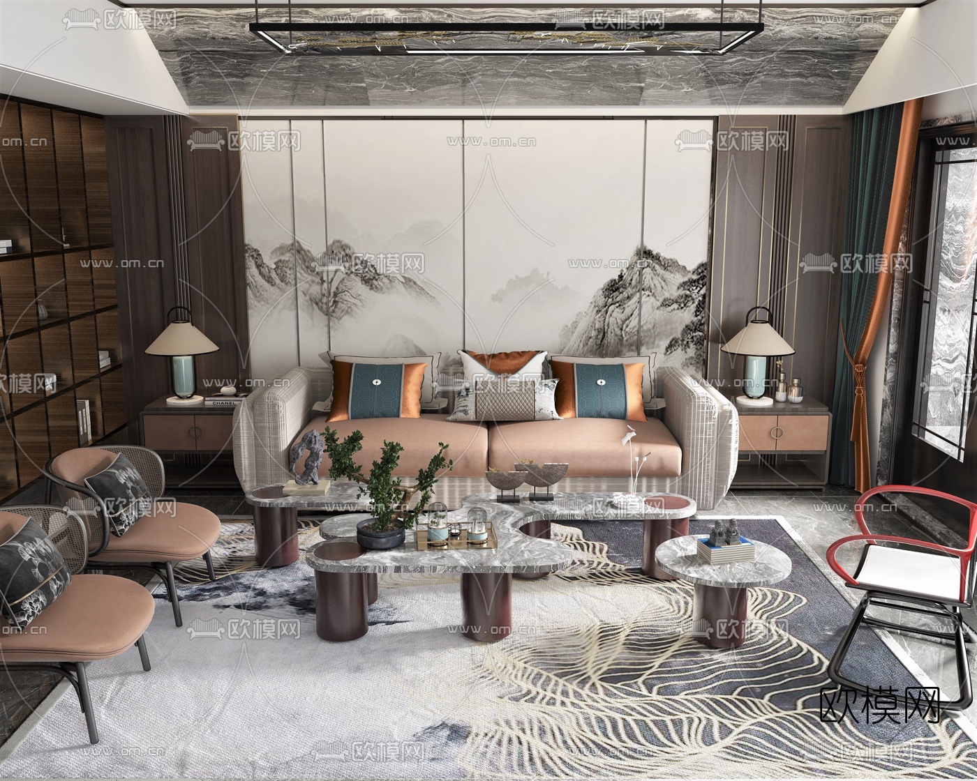 新中式布艺沙发组合3d模型下载（渲染图2）