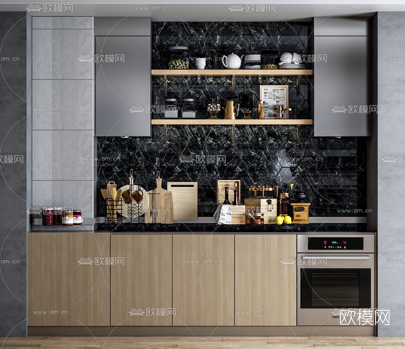 现代厨房橱柜3d模型下载（渲染图1）