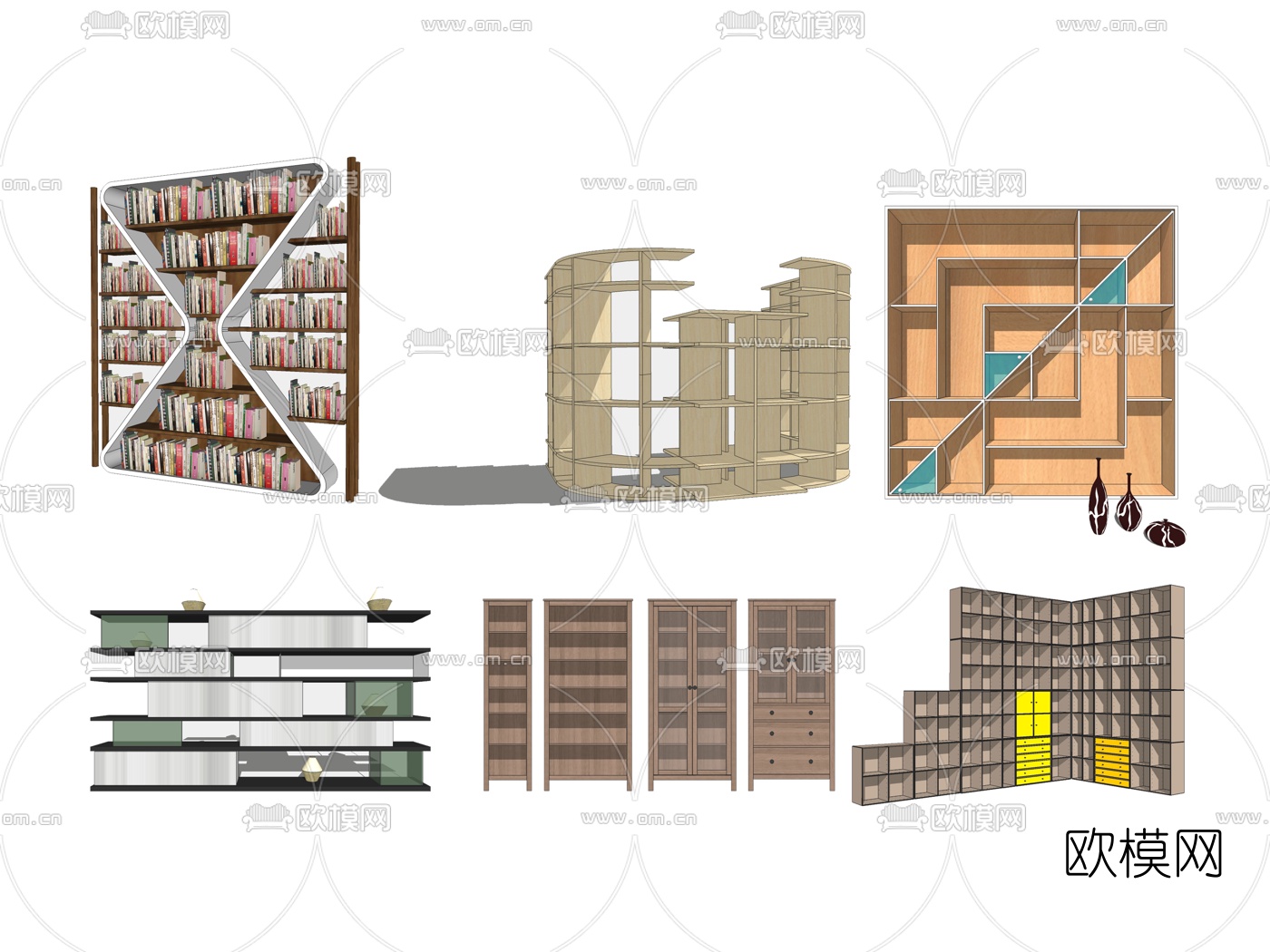 现代实木书柜su模型下载
