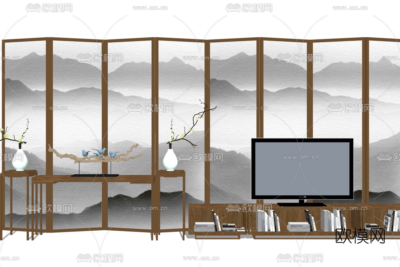 新中式实木电视柜su模型下载