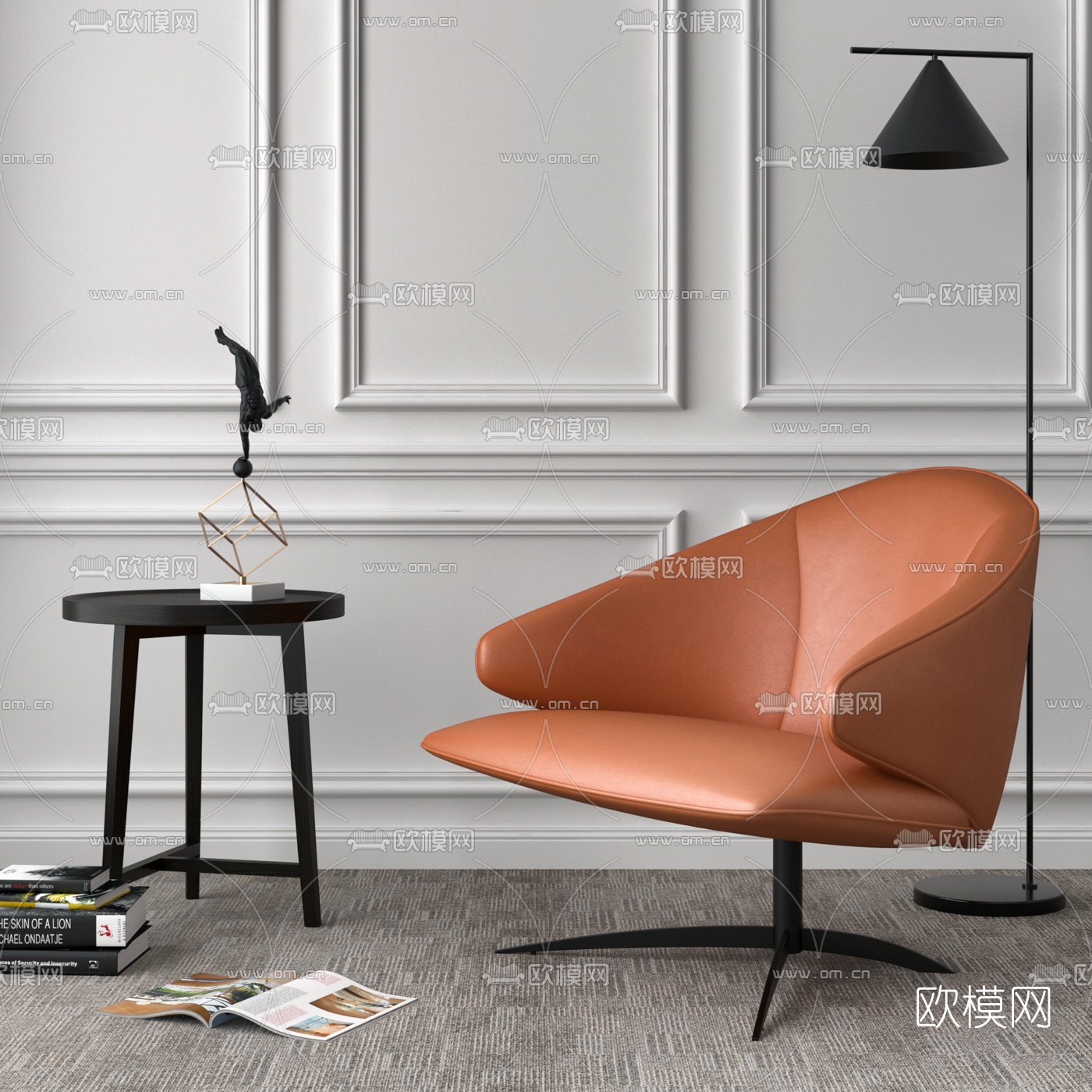 现代皮革单人沙发圆几3d模型下载