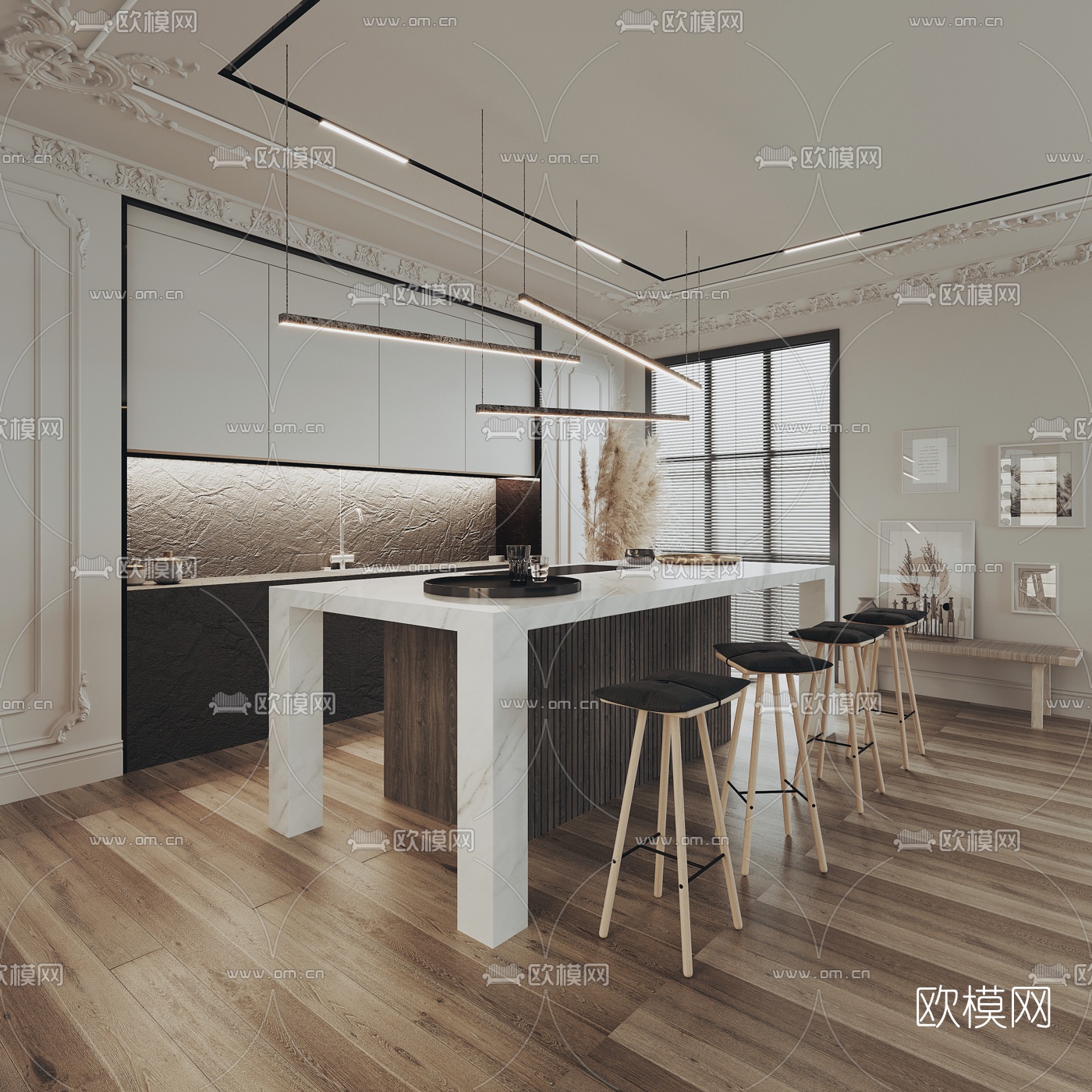 现代开放式厨房中岛柜吧台3d模型下载（渲染图1）