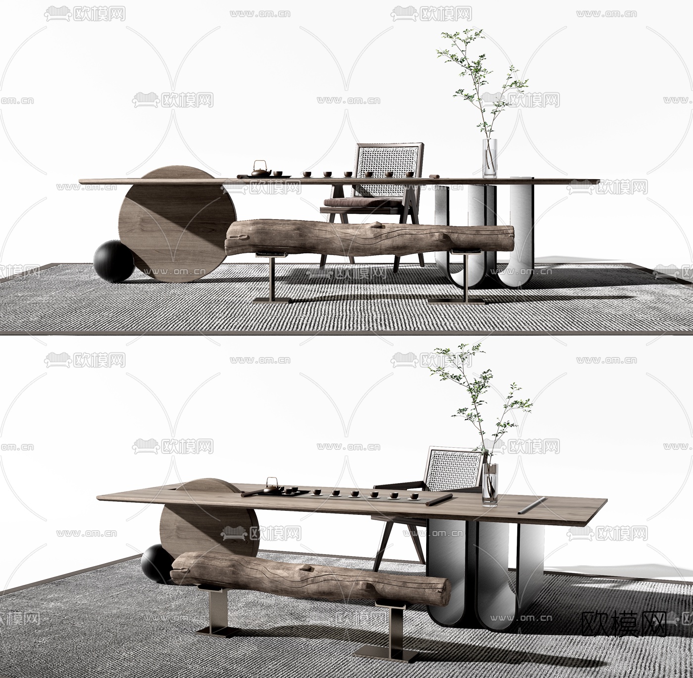 新中式实木茶桌椅3d模型