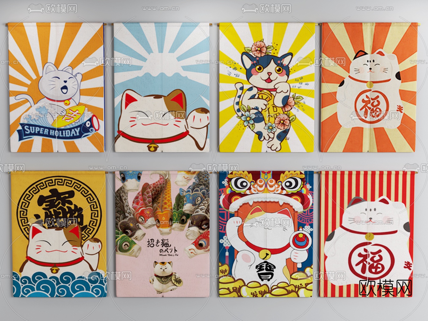 日式招财猫门帘挂帘3d模型下载