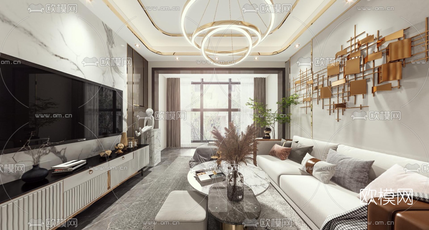 现代轻奢复式客厅餐厅vr全景3d模型