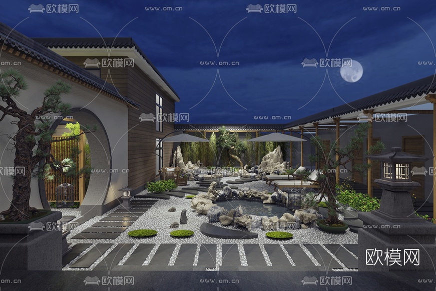 中式别墅庭院景观3d模型下载(渲染图1)