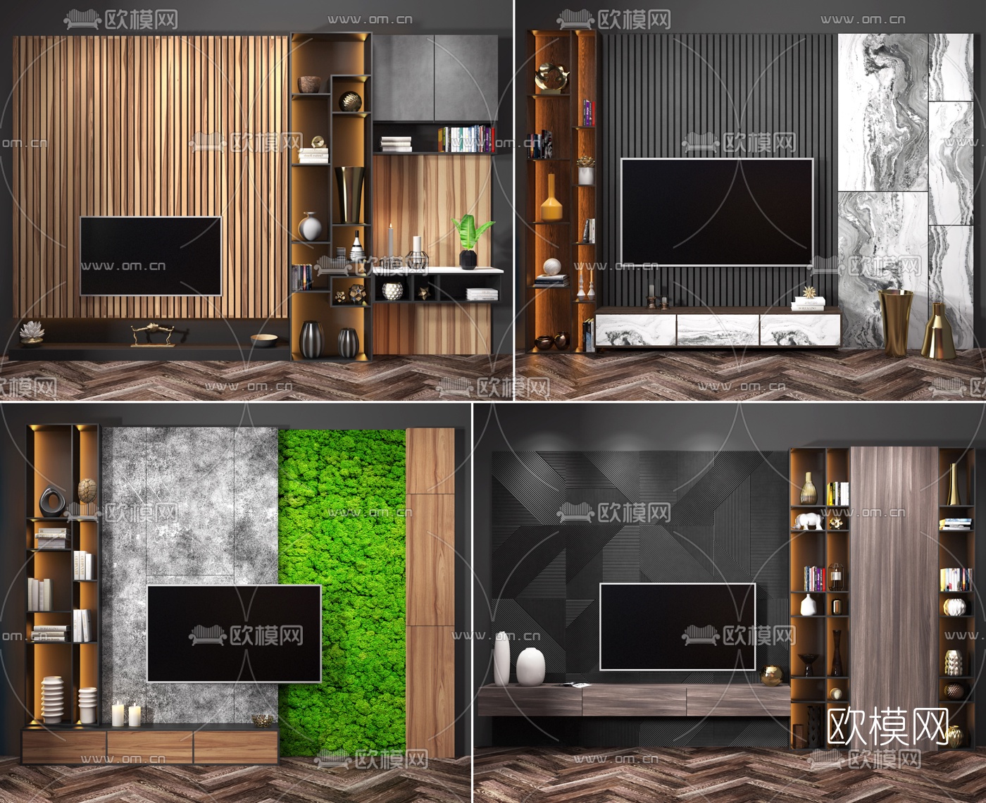 现代轻奢电视背景墙3d模型下载