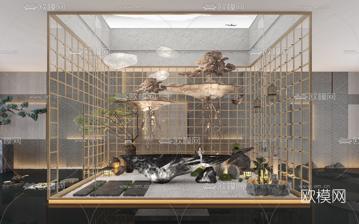 新中式枯山水景观小品3d模型下载（渲染图1）