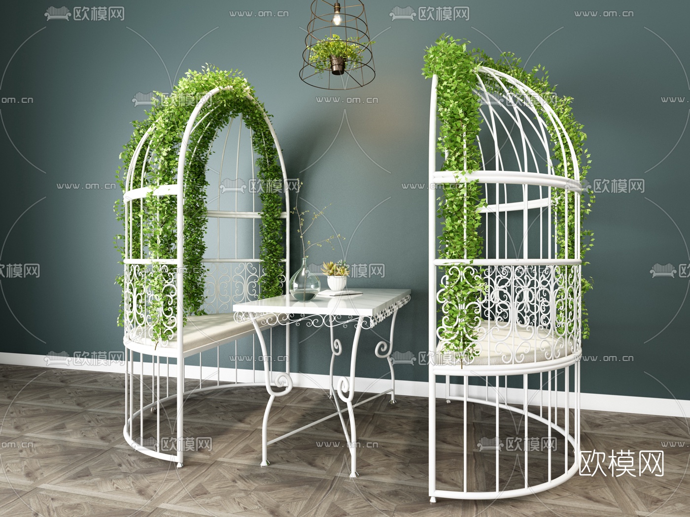 现代铁艺鸟笼休闲桌椅3d模型下载（渲染图1）