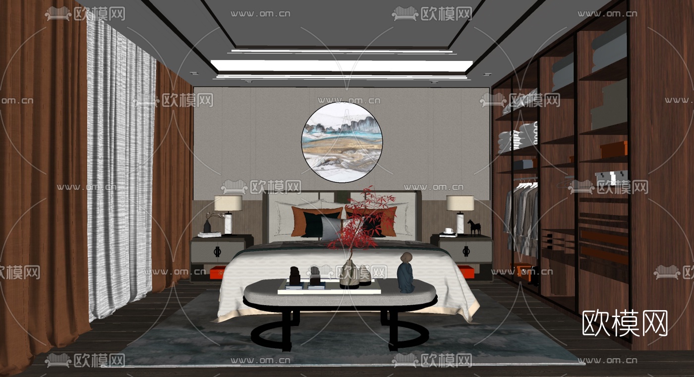 中式卧室su模型下载（渲染图2）