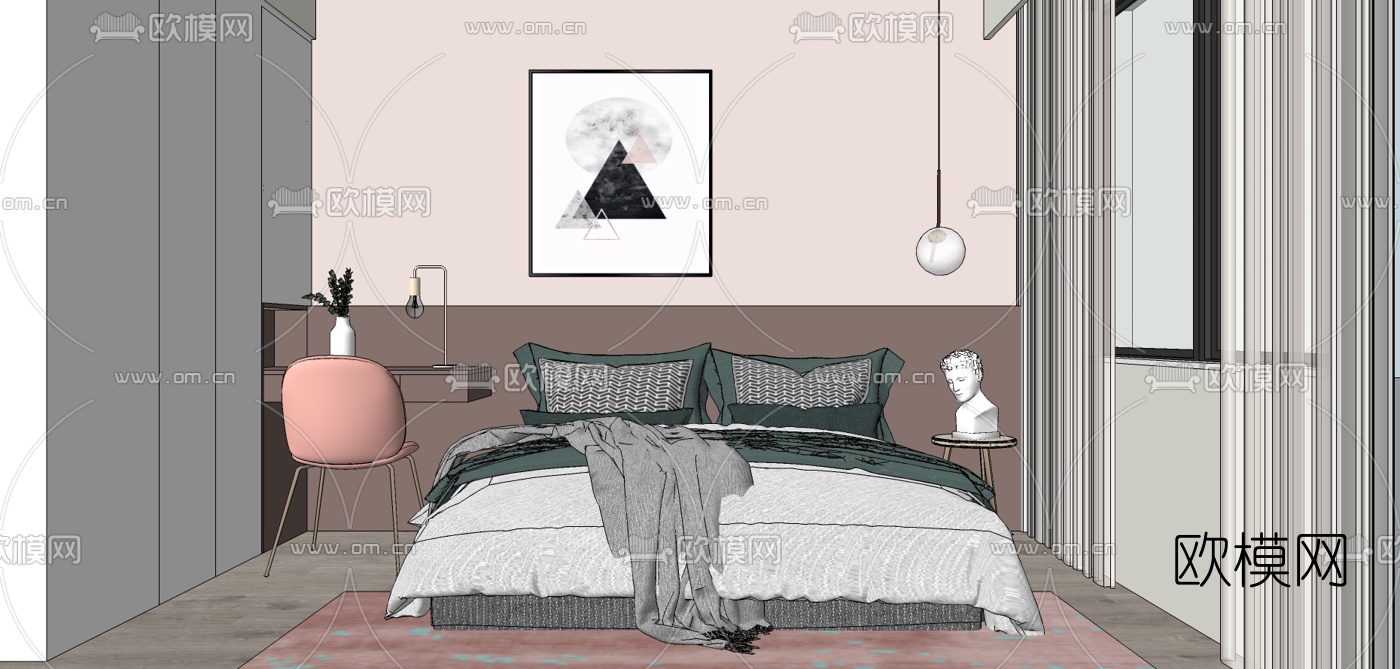 现代布艺双人床su模型下载