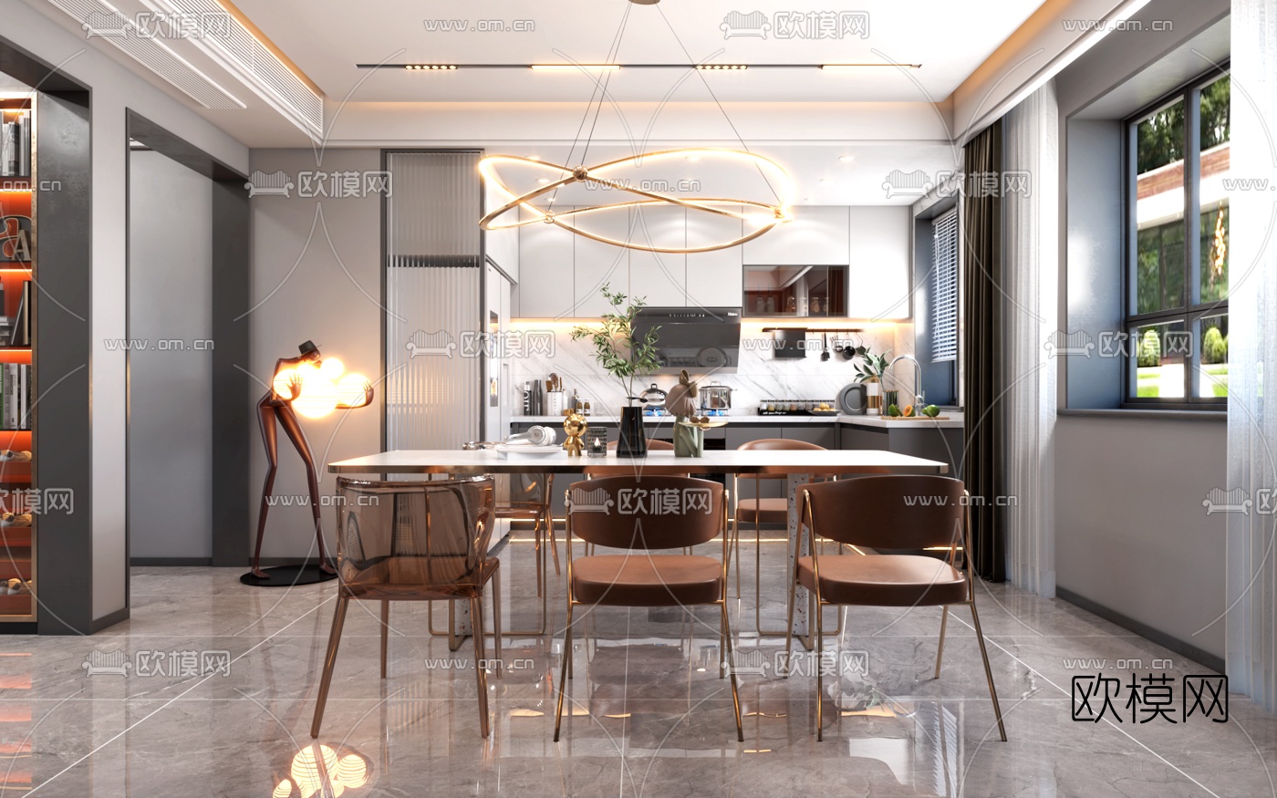 现代轻奢别墅客厅餐厅3d模型