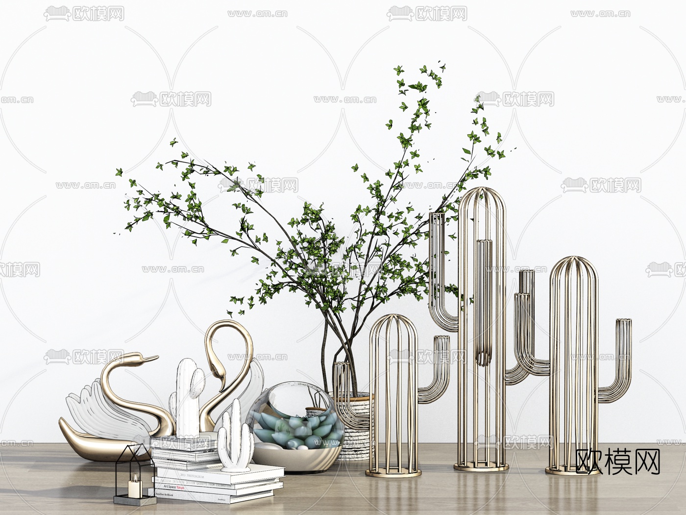 现代金属仙人掌花瓶摆件su模型下载（渲染图2）