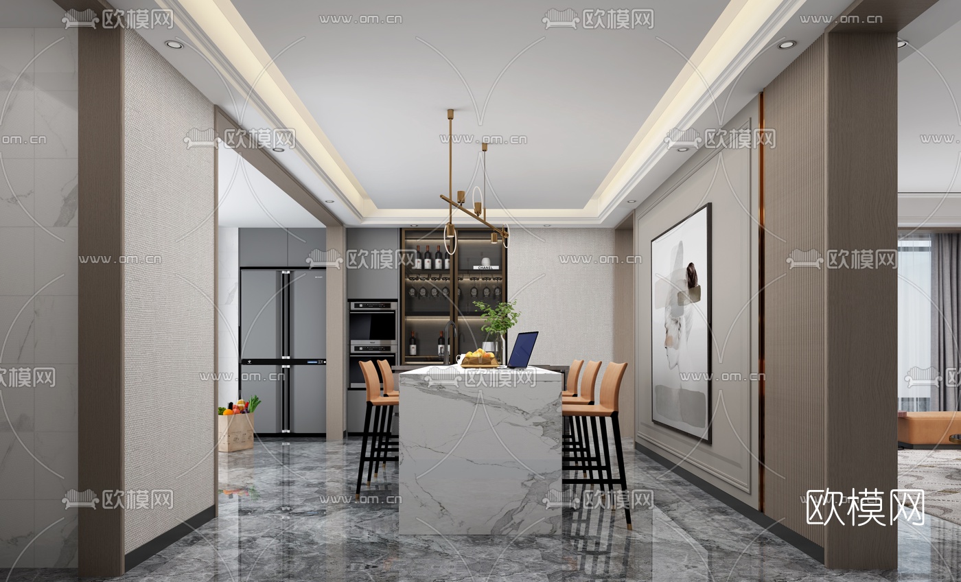 现代轻奢客厅餐厅3d模型