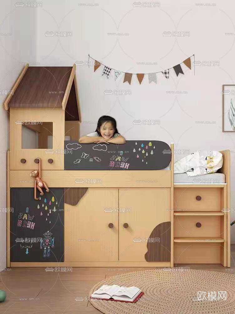 现代实木儿童床su模型下载（渲染图1）