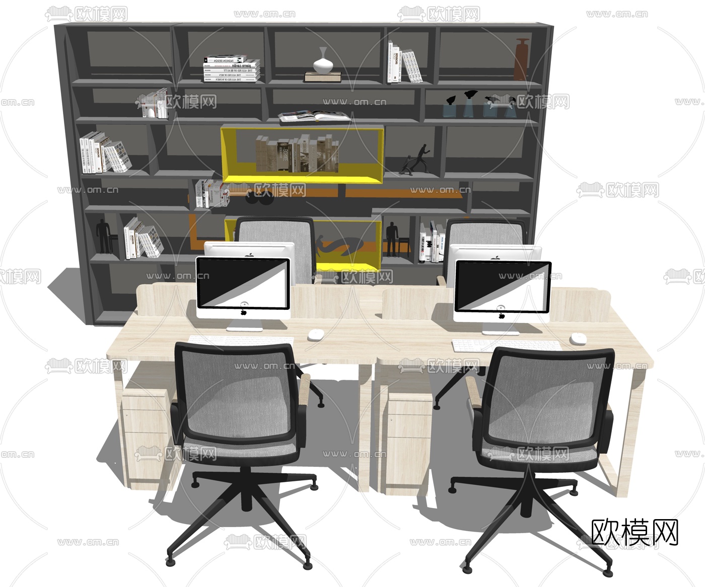 现代卡位办公桌免费su模型下载（渲染图1）