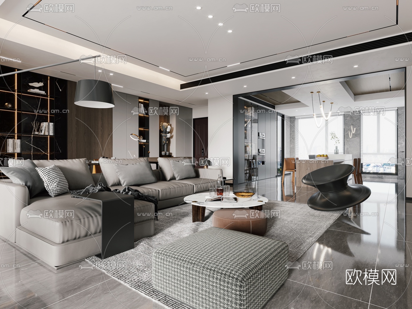 现代高级灰客厅餐厅3d模型