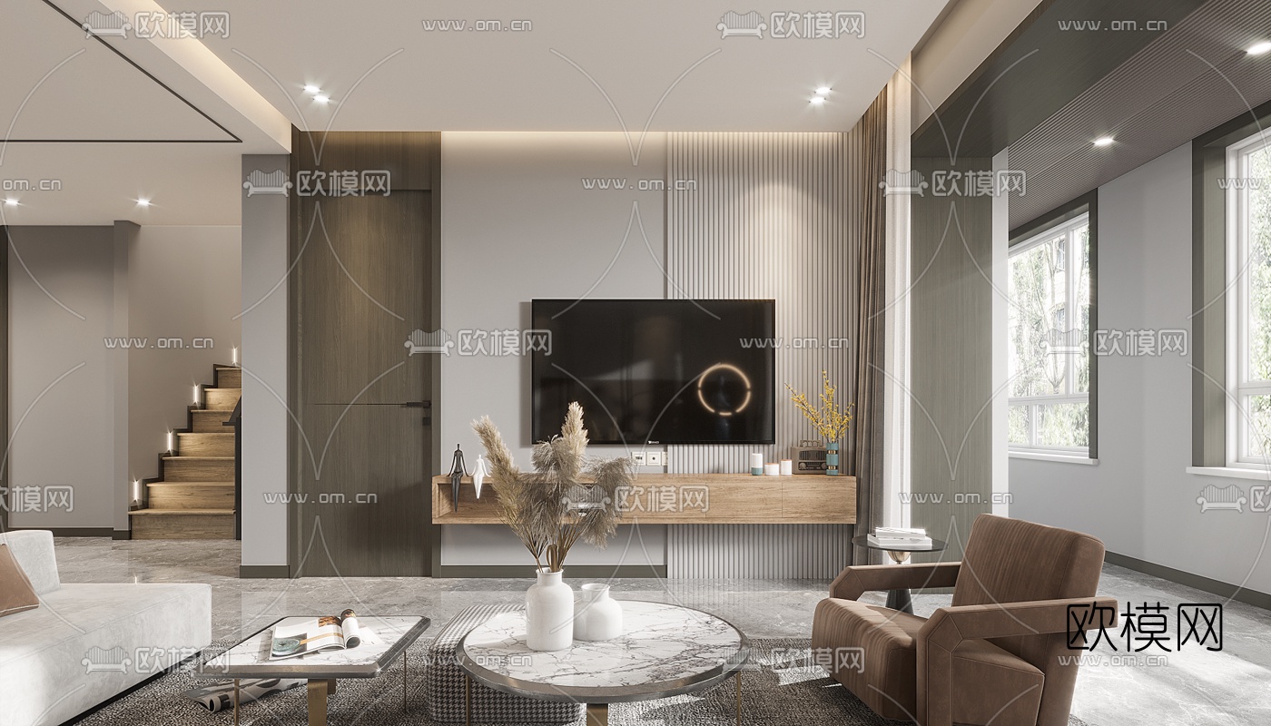 现代轻奢复式客厅餐厅3d模型下载（渲染图6）