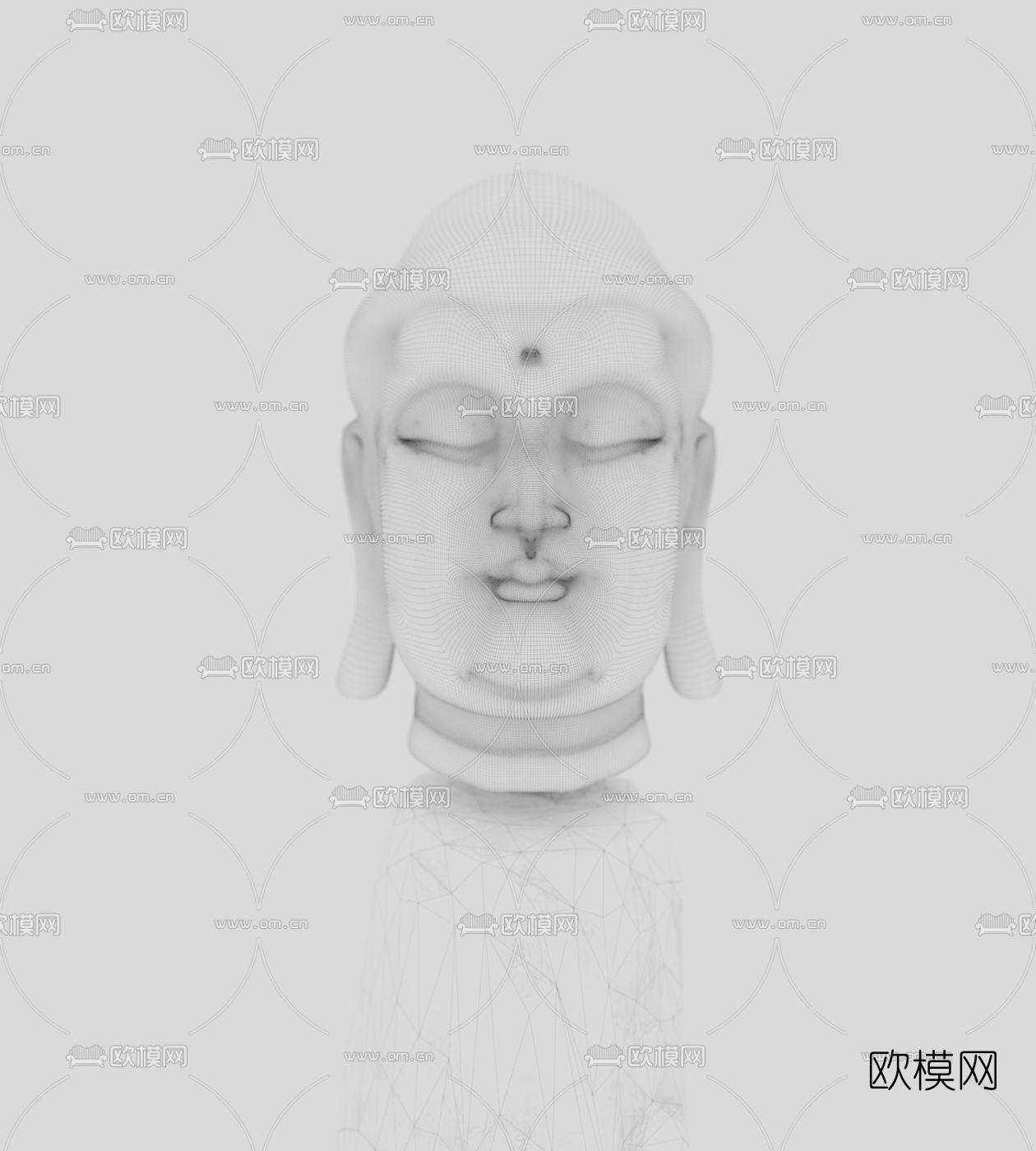 中式禅意佛头雕塑3d模型下载（渲染图2）