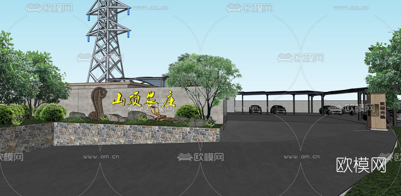 新中式中餐厅农家乐山庄su模型下载（渲染图4）
