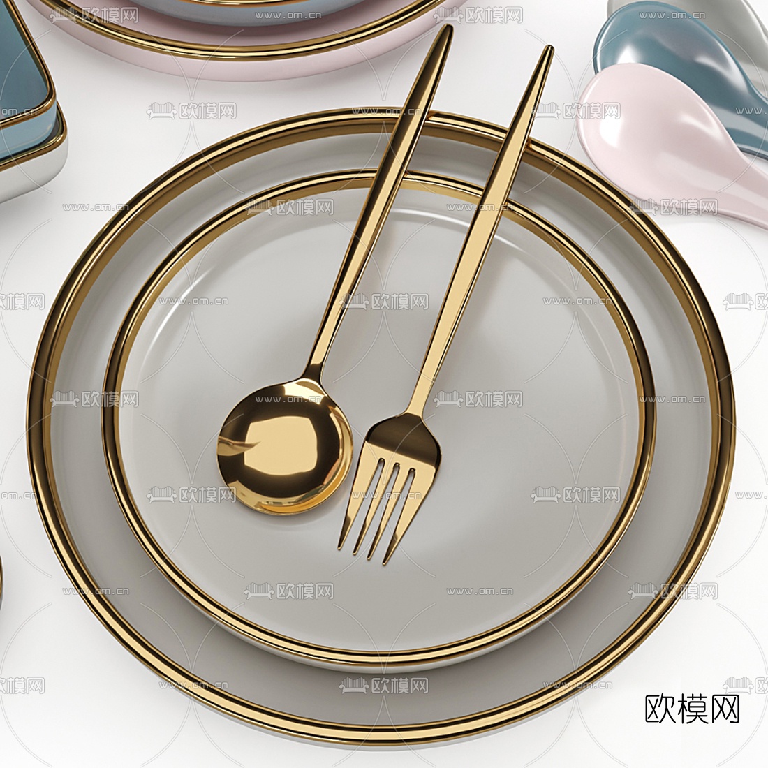 现代轻奢碗筷碟红酒杯餐具3d模型下载（渲染图2）