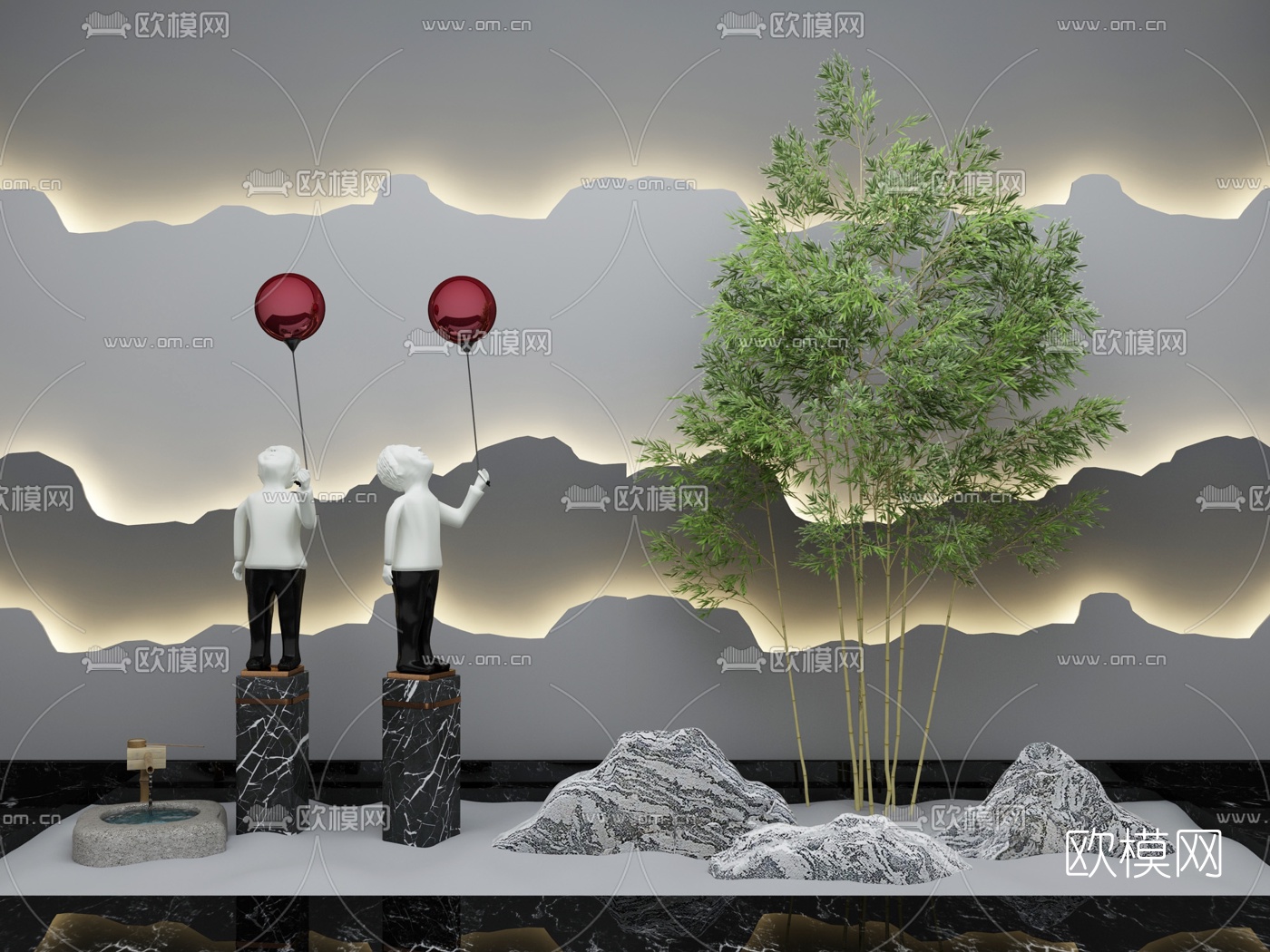 新中式雕塑竹子假山景观小品3d模型下载