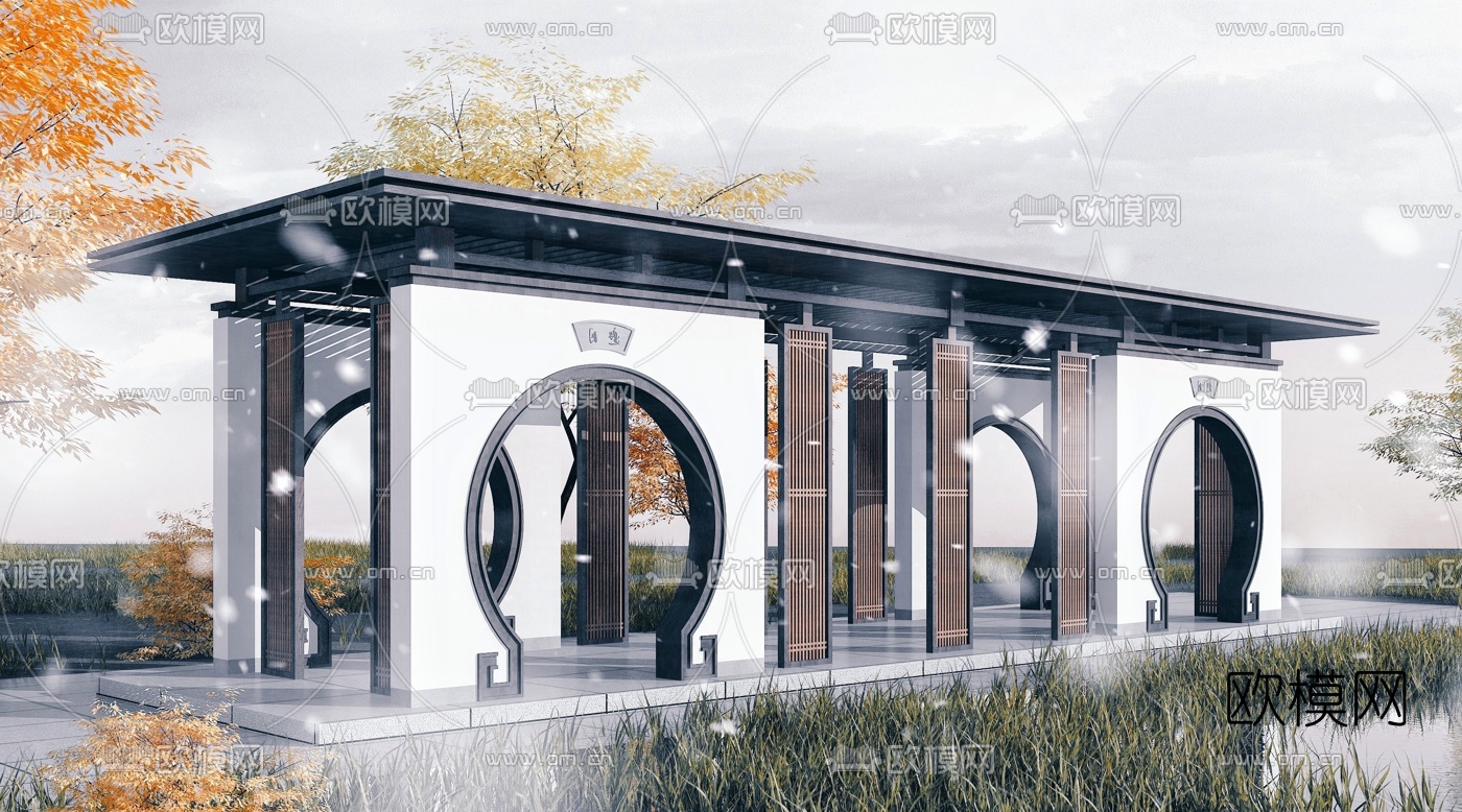 新中式月洞门景观长廊3d模型下载