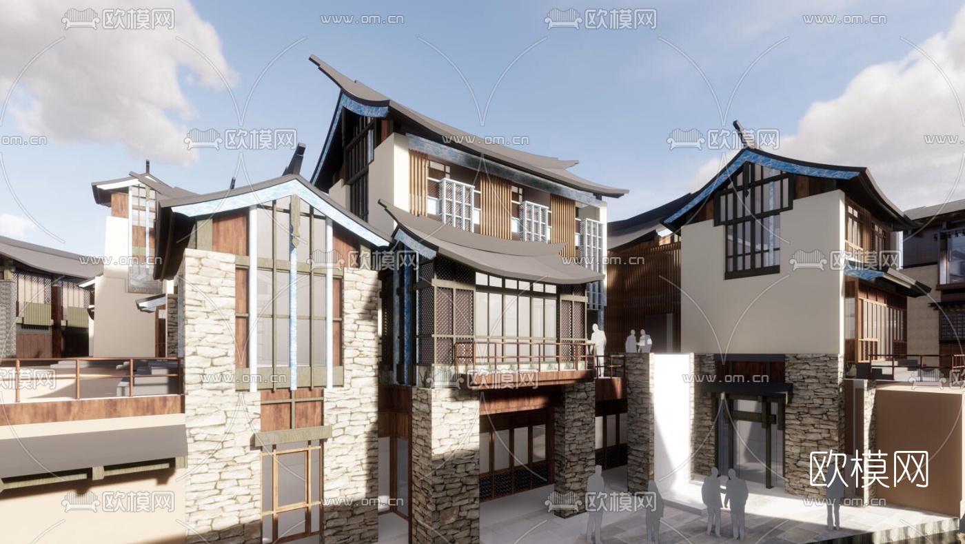 新中式旅游度假小镇外观su模型下载（渲染图6）
