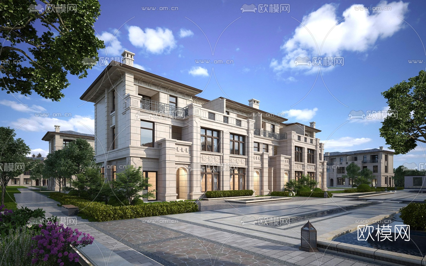 简欧联排别墅外观3d模型下载