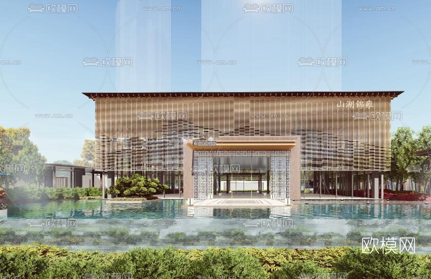 新中式售楼处外观su模型下载（渲染图3）