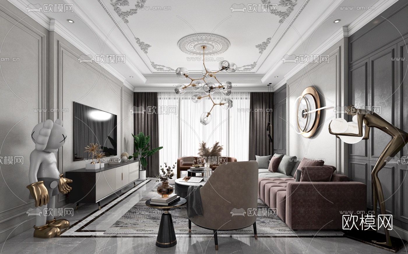 简欧客厅餐厅3d模型下载（渲染图2）