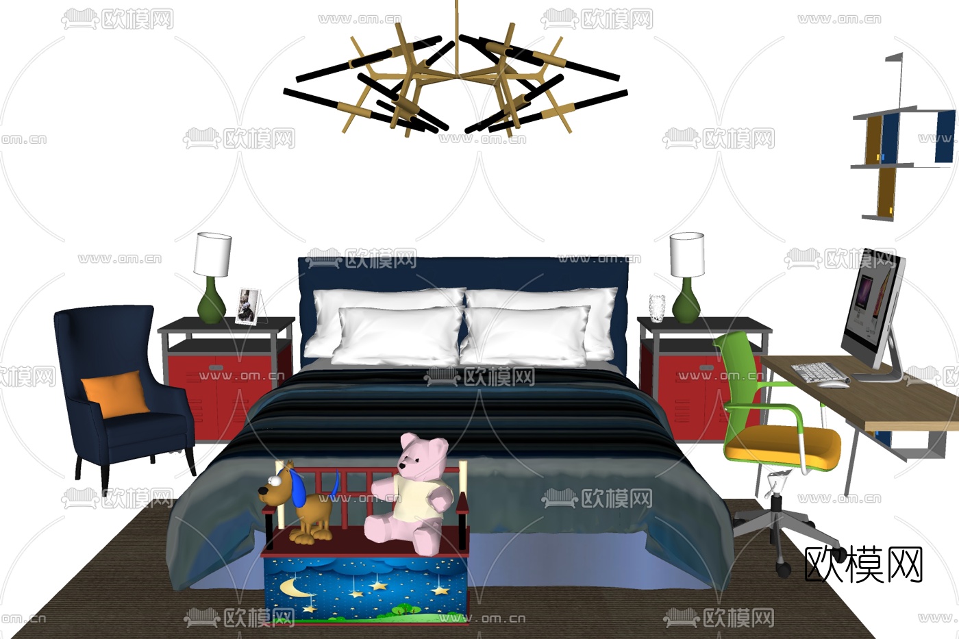 现代布艺双人床su模型下载