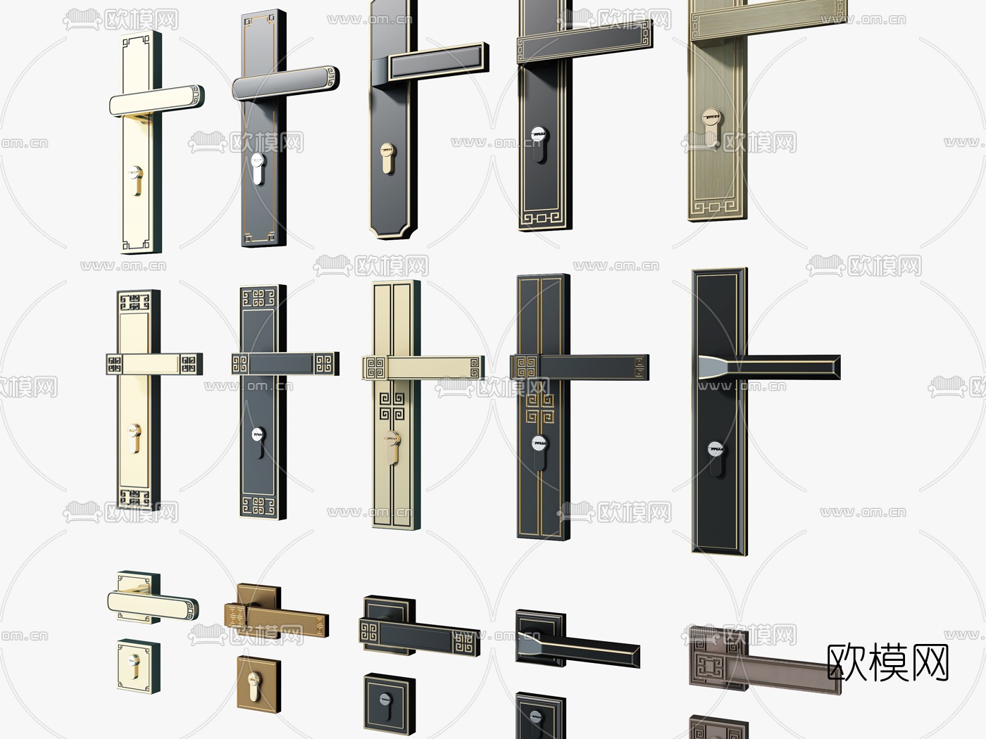 新中式门锁门把手3d模型下载（渲染图2）