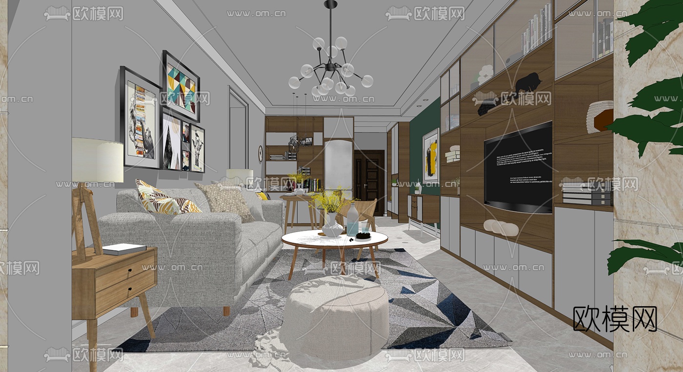 北欧客厅餐厅su模型下载（渲染图1）