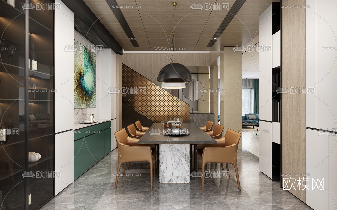 现代复式客厅餐厅3d模型
