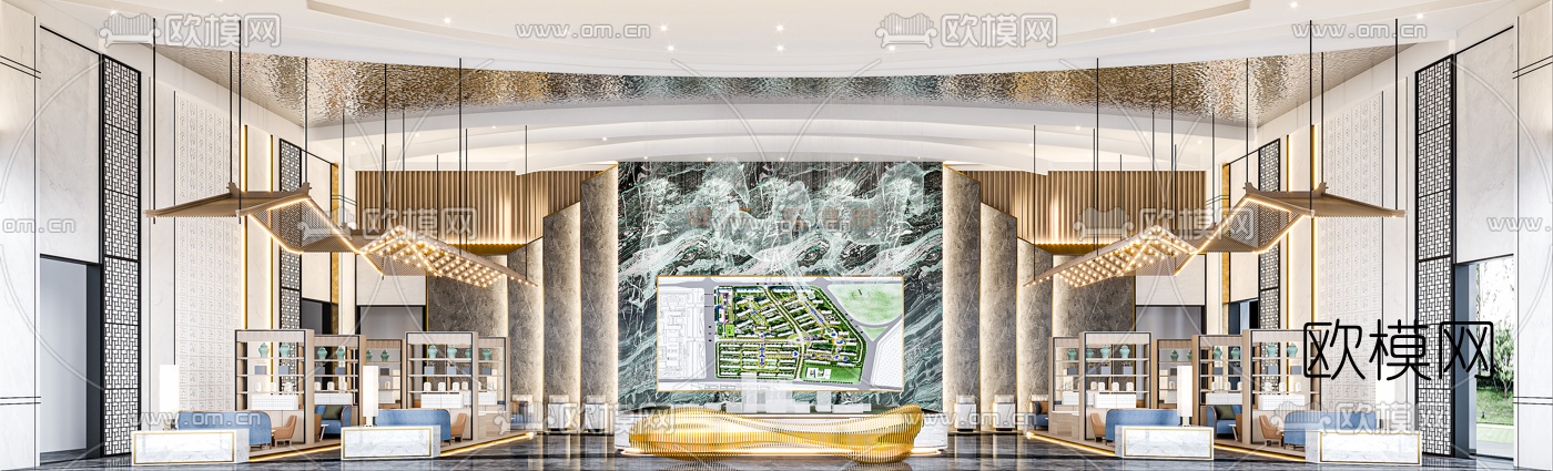 新中式售楼处沙盘区3d模型下载（渲染图1）