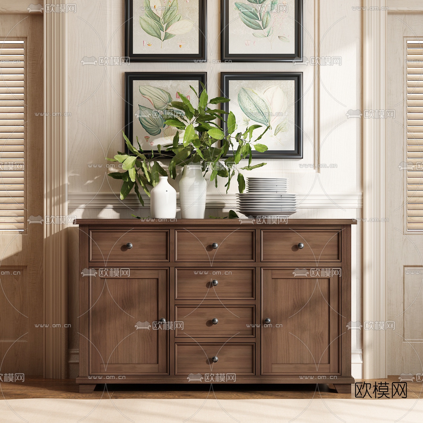 美式原木餐边柜3d模型下载