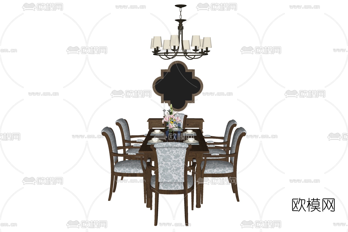 欧式条形餐桌椅su模型下载