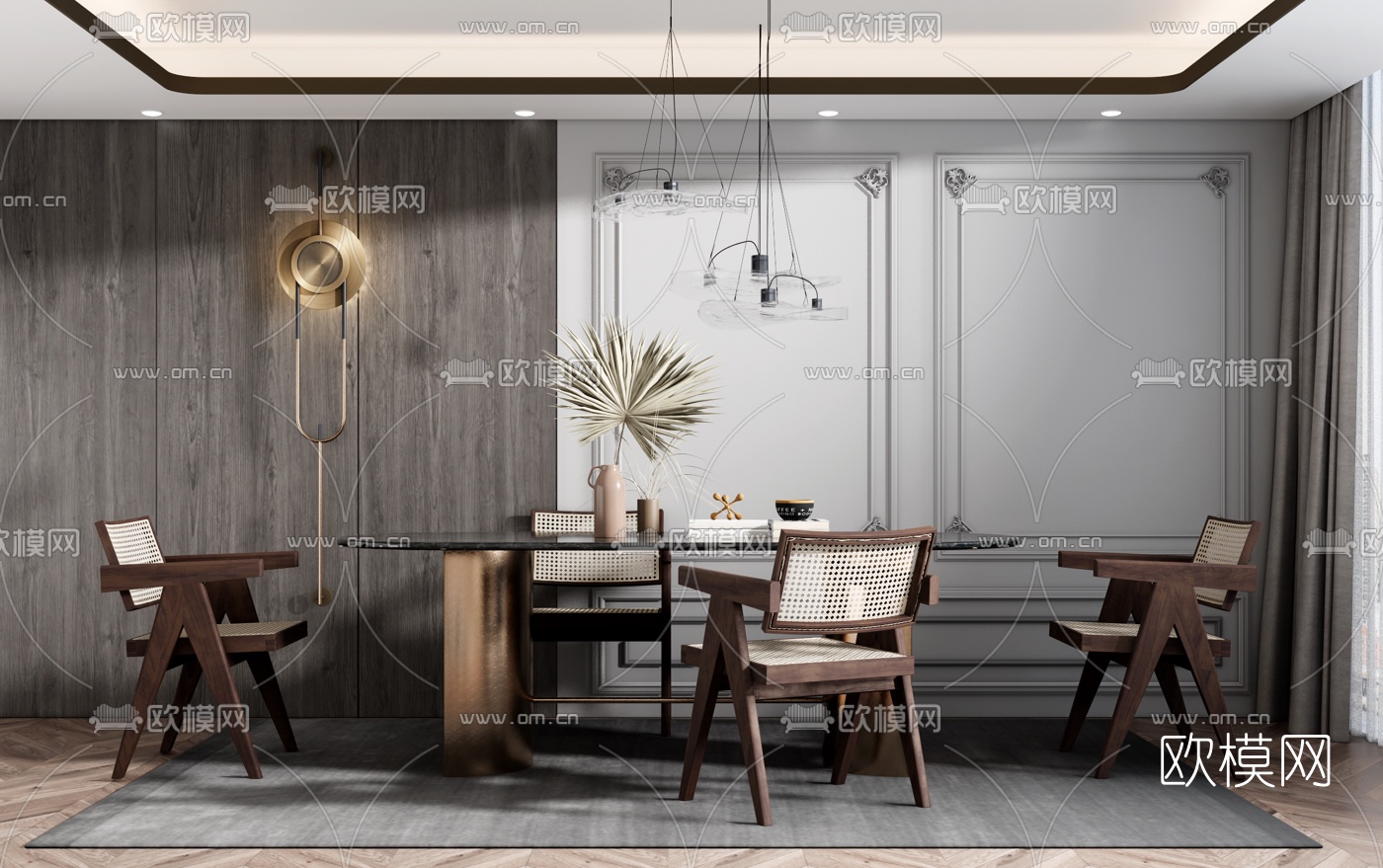 现代大理石餐桌椅su模型下载（渲染图1）