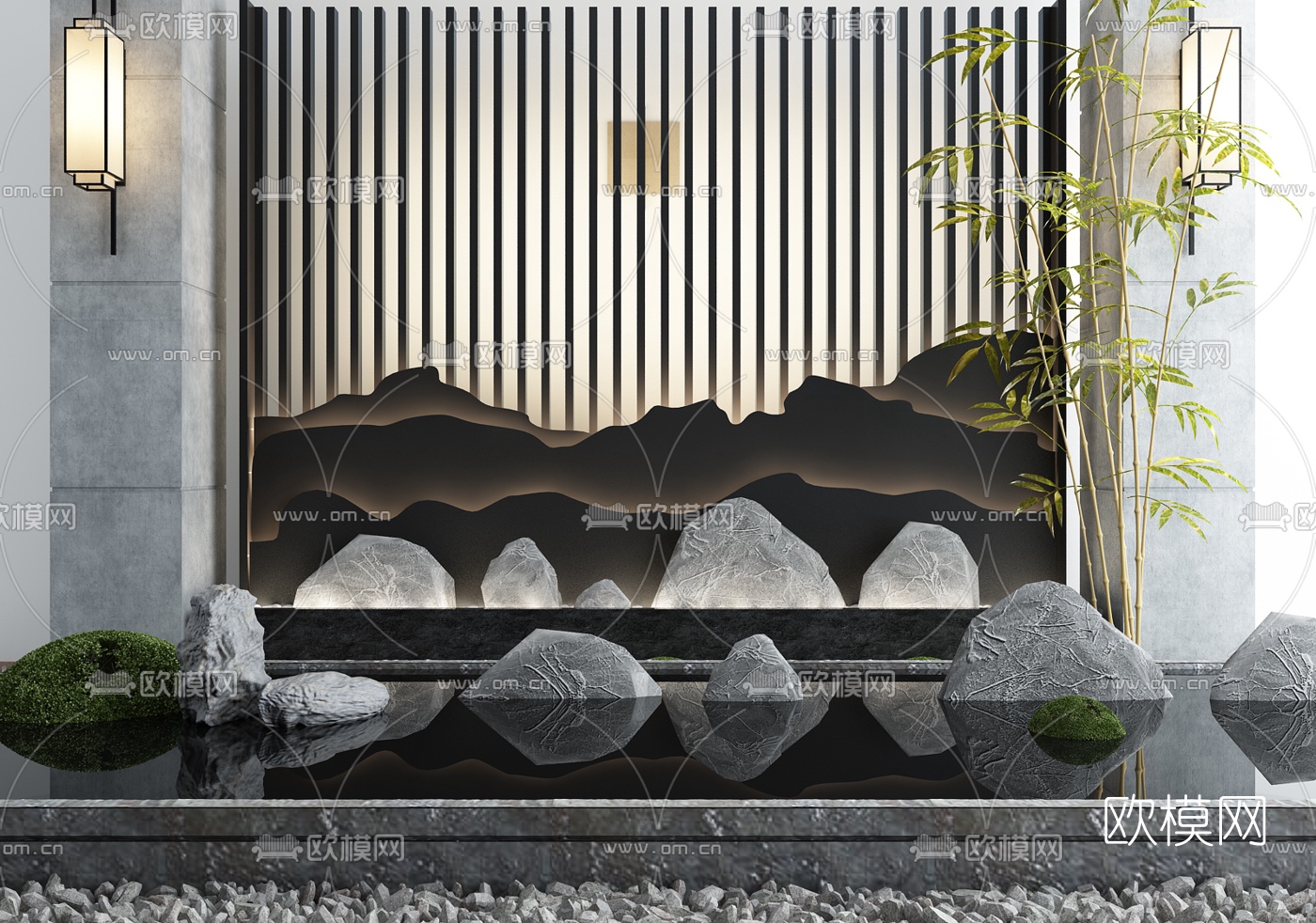 新中式禅意山石竹子水景小品3d模型下载