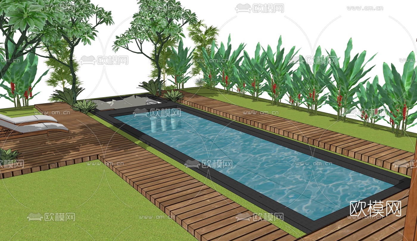 现代露天游泳池免费su模型下载