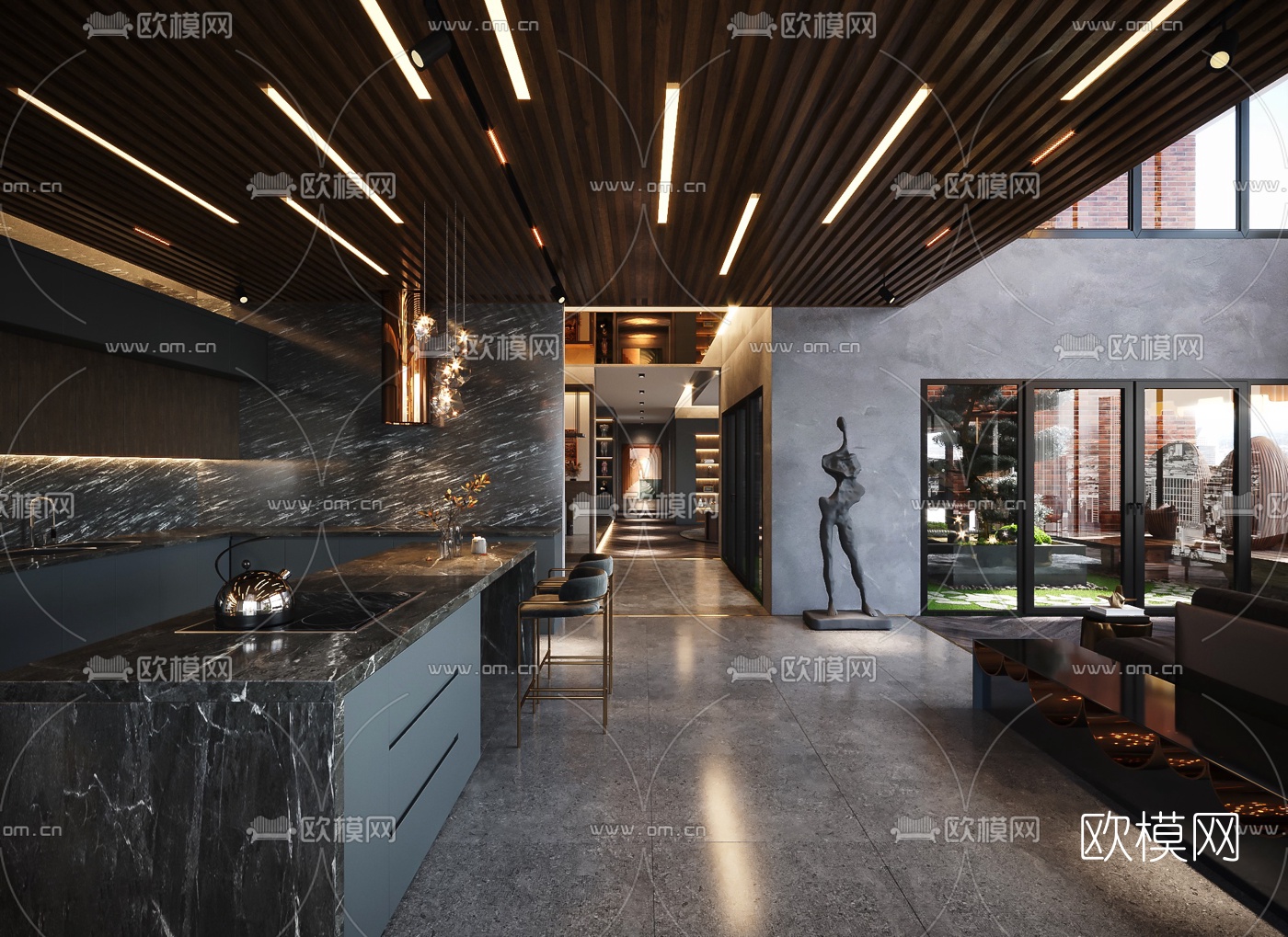现代别墅客厅餐厅3d模型